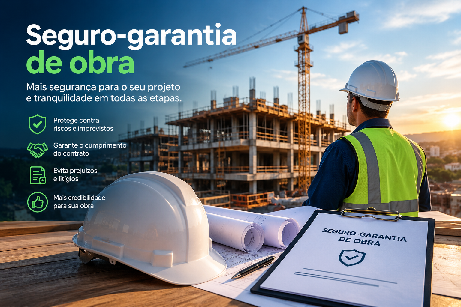 Ilustração com capacete, projetos e uma prancheta escrita Seguro-garantia de obra, diante de um edifício em construção
