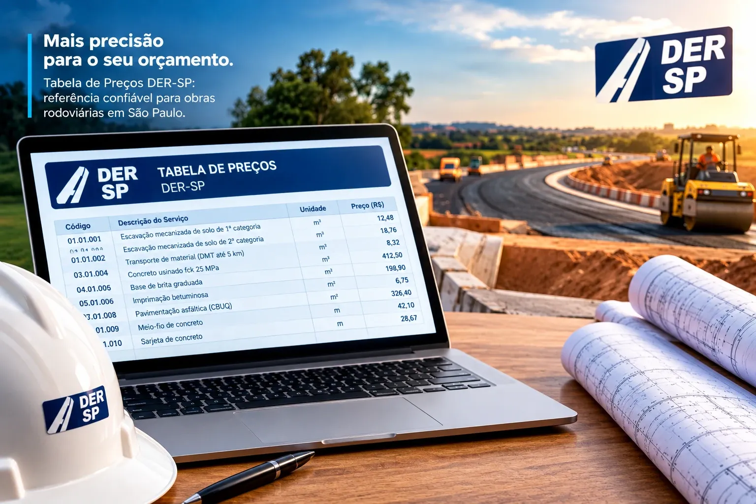 Ilustração de notebook com planilha de preços ao lado de obra de pavimentação rodoviária
