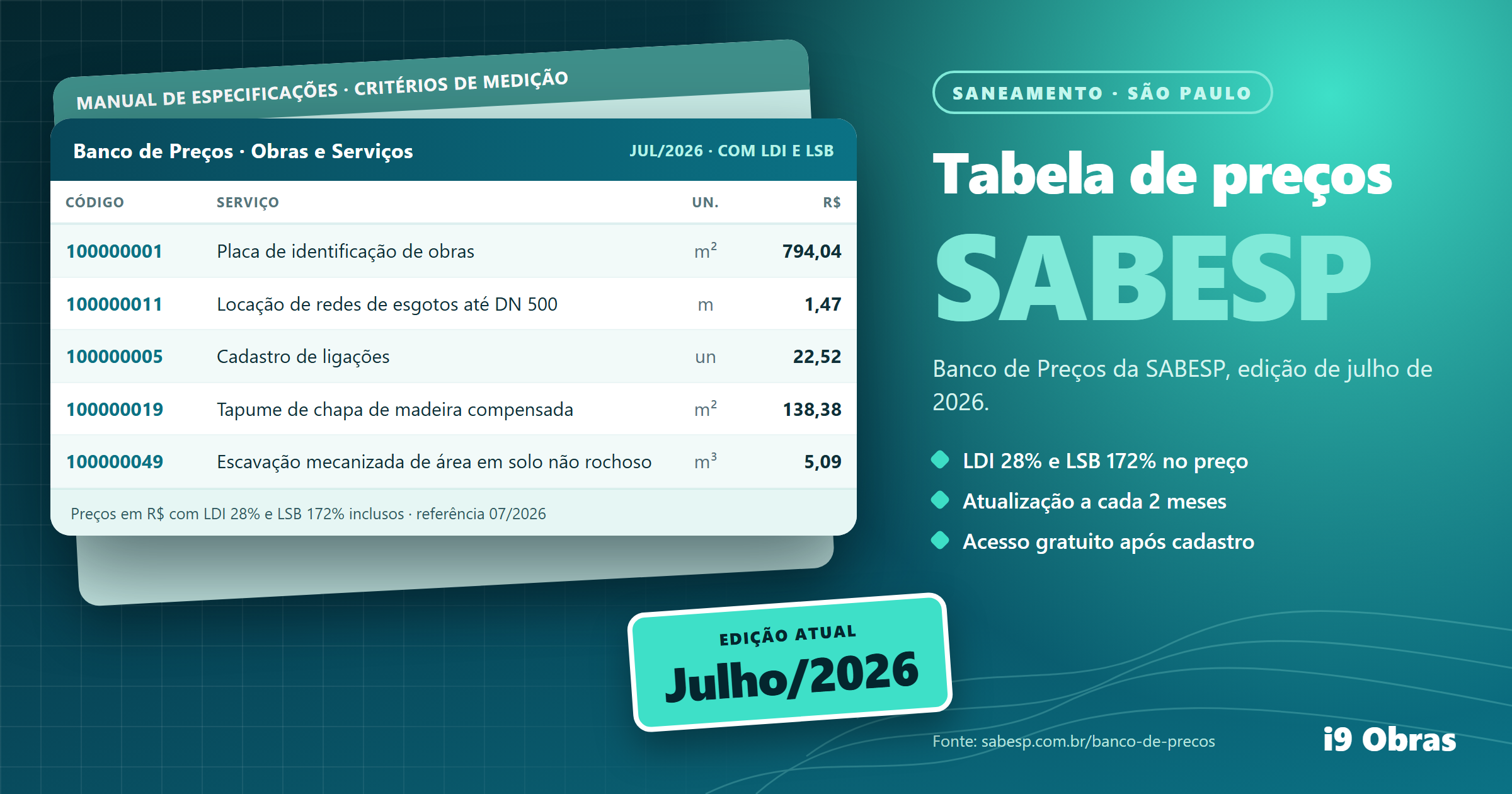 Capa do guia da tabela de preços SABESP, com o Banco de Preços de julho de 2026, LDI de 28% e LSB de 172% inclusos nos serviços e acesso gratuito após cadastro